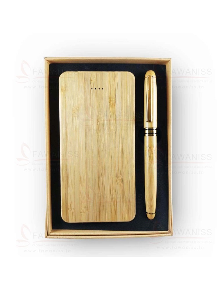 Coffret Cadeau Personnalisé en Bois - Powerbank 10 000 mAh + Stylo avec un design Ecologique naturel et haut de gamme