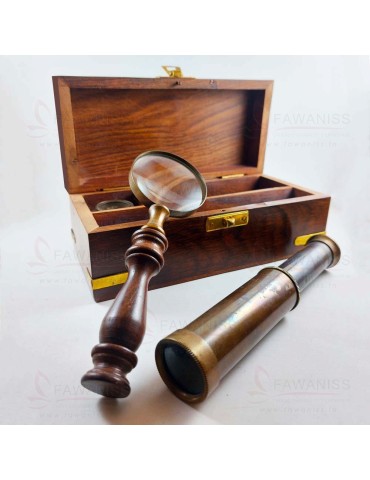 Coffret du Capitaine set 3pieces boussole loupe et télescope